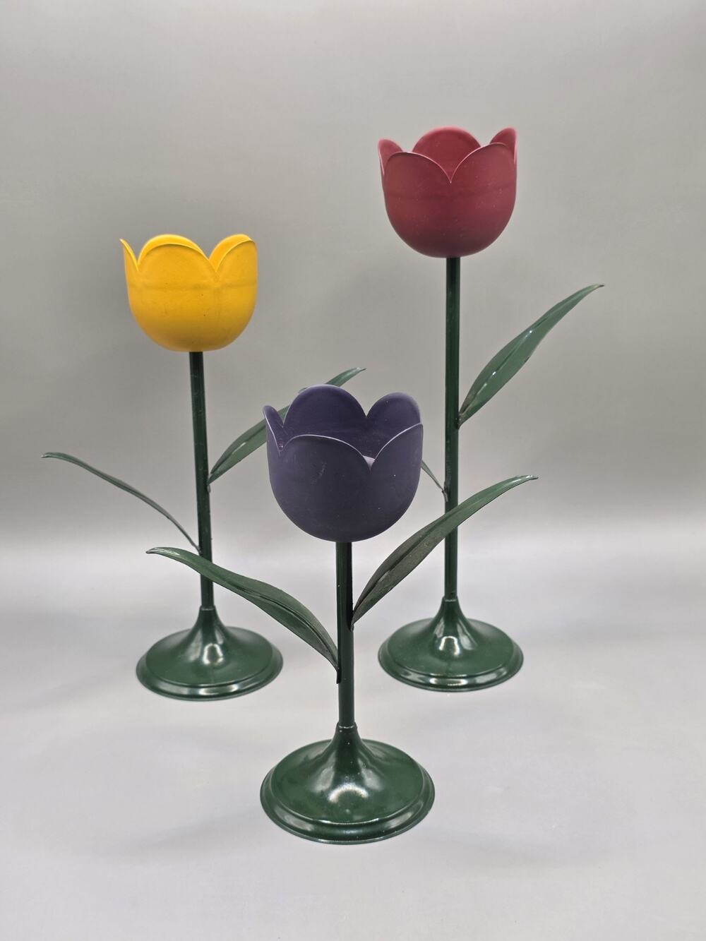 MCM 80s Painted Metal Tulip Taper Candle Holders Set Red Yellow Purple Taiwan